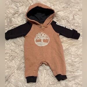 Timberland Baby Hooded Romper 0-3 Months Brown Logo One Piece Outfit